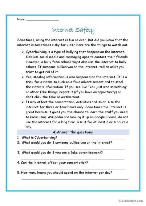 Reading Comprehension Internet Safety Reading Comprehension Social