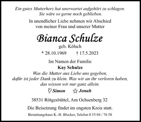 Traueranzeigen Von Bianca Schulze Trauer Anzeigen De