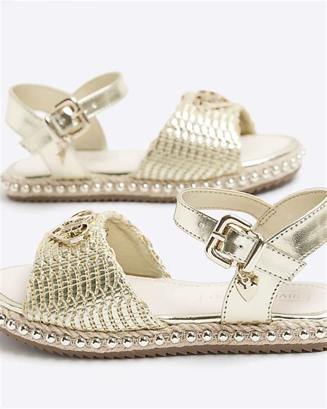 Girls gold woven studded sandals | River Island