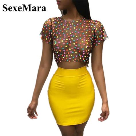 Women Sexy 2 Piece Set Polka Dot Mesh Tshirt Crop Top And Skirt Short Sets Two Piece Club