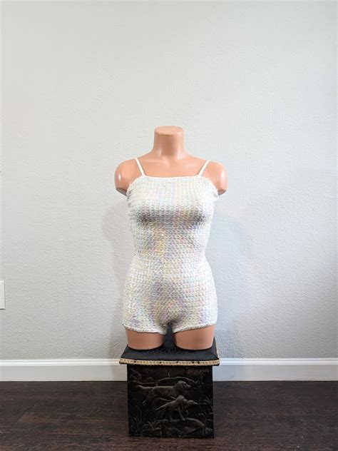 1960s White Iridescent Sequin Showgirl Dance Leotard Gem