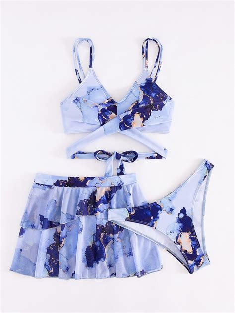 Marble Print Wrap Ruffle Hem Bikini Set With Beach Skirt SHEIN USA