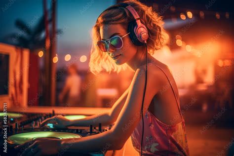 Attractive Dj Girl At The Hot Dance Beach Party Dj Console Turntable Headphones Evening Light