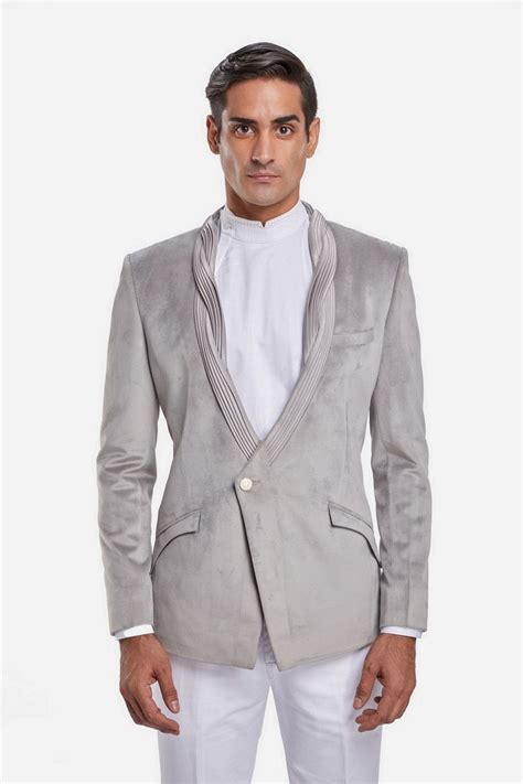 Grey Velvet Tuxedo Jacket With A Twisted Sculpted Lapel Gaurav Gupta