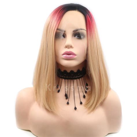 OMBRE RED TO BLONDE BOB SYNTHETIC LACE FRONT WIGS Kryssma