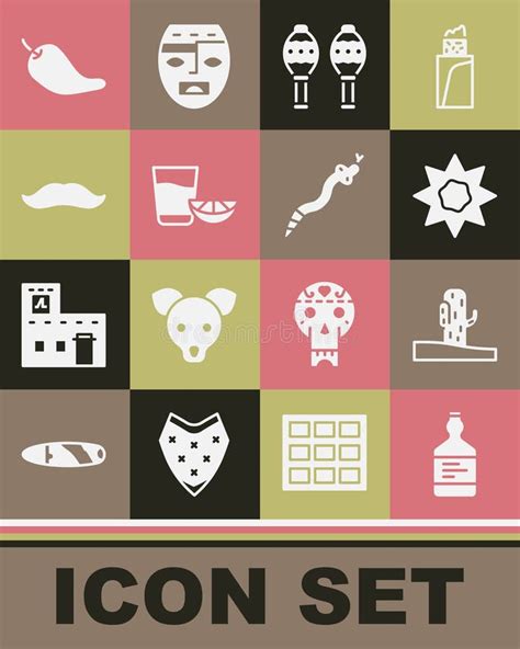 Set Tequila Bottle Cactus Sun Maracas Glass With Lemon Mustache Hot Chili Pepper Pod And