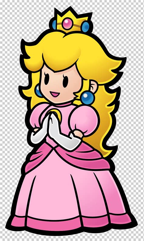 the princess peach in her pink dress and tiara, she is looking at something