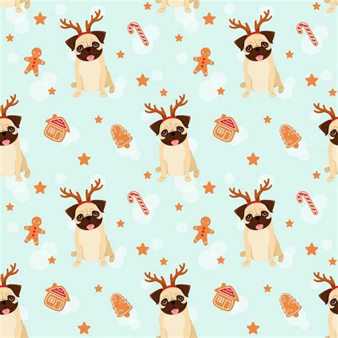 Premium Vector Seamless Pattern With Funny Christmas Pugs Cartoon