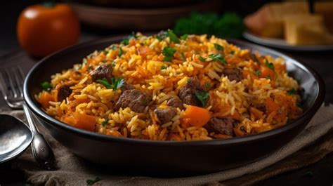 Premium AI Image | Traditional Uzbek pilaf in plate on table Generative AI