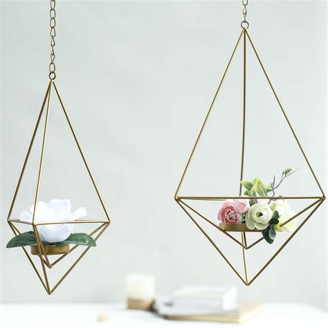 Set Of 2 Hanging Diamond Tealight Candle Holders Open Frame Metal Geometric Flower Terrariums