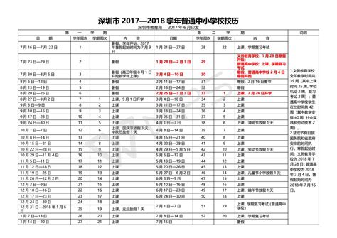 深圳2017 2018学年中小学校历及各区期末考试时间