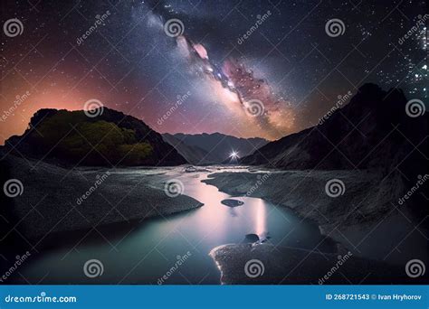 Landscape View On Starry Night Sky Over Mountains And Lake Ai