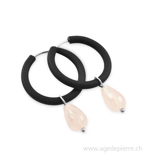 Boucle D Oreille Arc En Ciel En Caoutchouc Noir Et Quartz Rose Gouttes