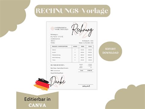 Rechnung Vorlage Rechnungsvorlage Deutsch Editierbare Etsy