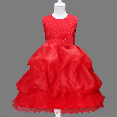 3d Rose Flower Girls Red Dress Kids Frocks Princess Party Birthday