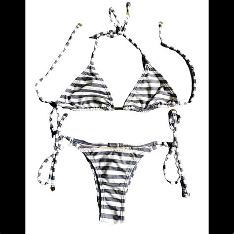 Blue And Off White Striped Brazilian Bikini Gem