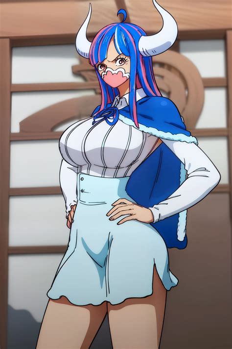 A cartoon image of a woman with a horned head and blue hair - SeaArt AI