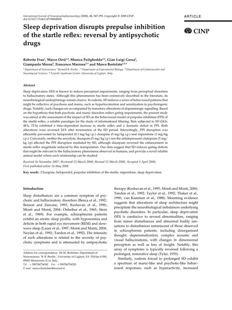 Pdf Sleep Deprivation Disrupts Prepulse Inhibition Of The Startle