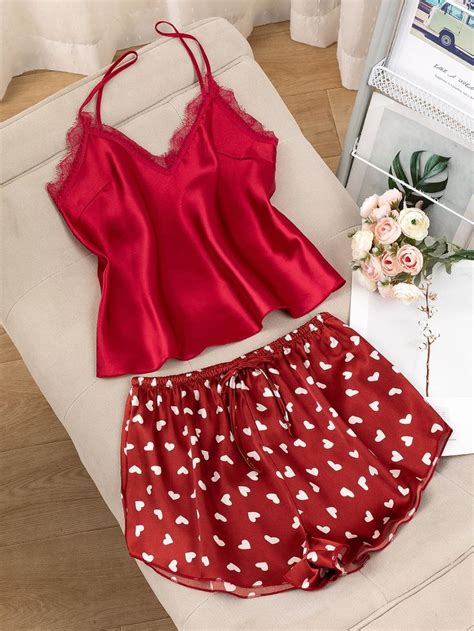 Conjunto Cami Pijama Impressão De Coração Renda De Contraste Amarração