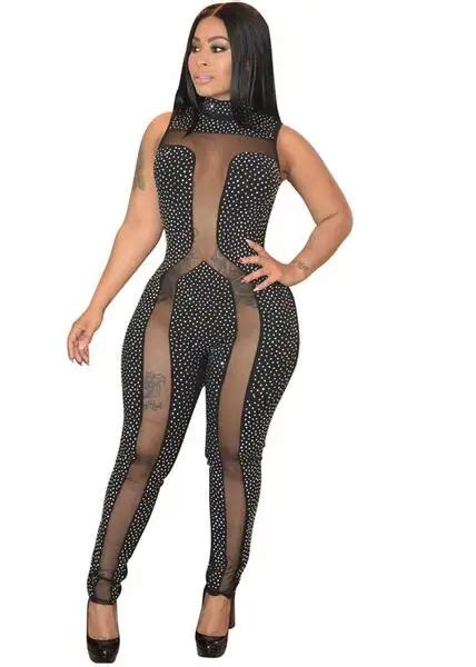 Rhinestone Jumpsuit Women Summer Sleeveless Sheer Mesh Patchwork Club