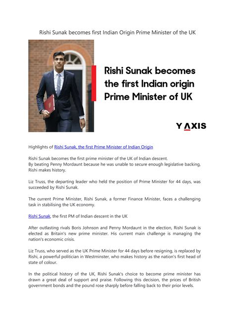 Rishi Sunak Becomes First Indian Origin Prime Minister Of The UK Pdf