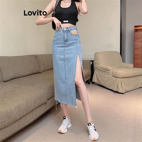 Lovito Saias Jeans Casuais O Frontal Liso E Dividido Para