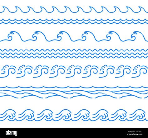 Water wave horizontal line. Seamless blue river wave border logo water symbol, ocean beach river ...