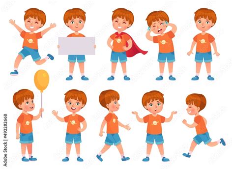 Cartoon boy character in various poses, gestures and expression, standing, walking and running ...