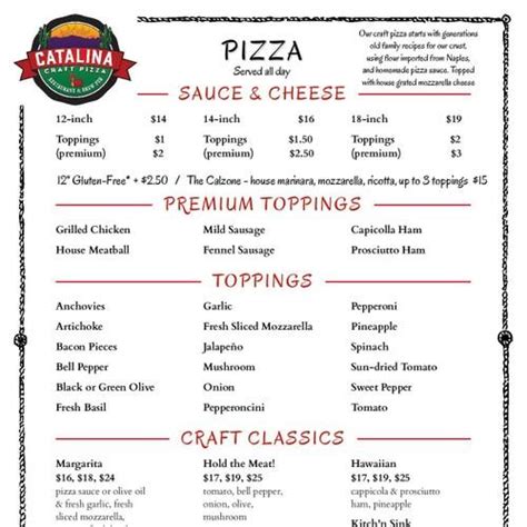 Catalina Craft Pizza Menu In Catalina Arizona Usa