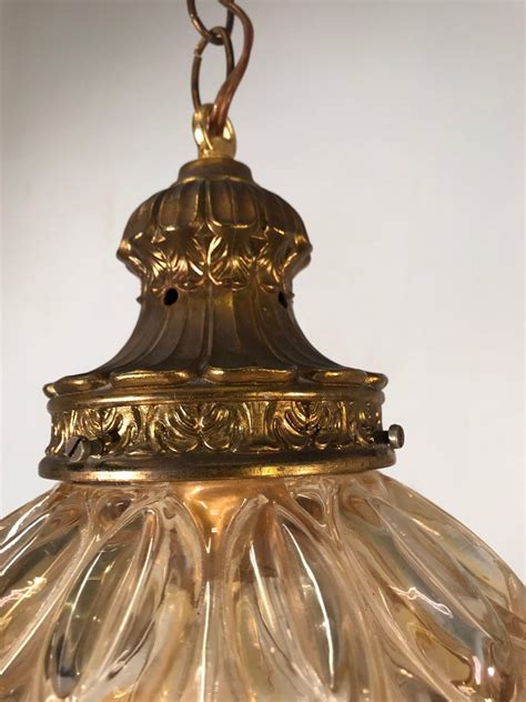 Rare Midcentury Modern Amber W Goldtone Glass And Brass Pendant Light Fixture For Sale At