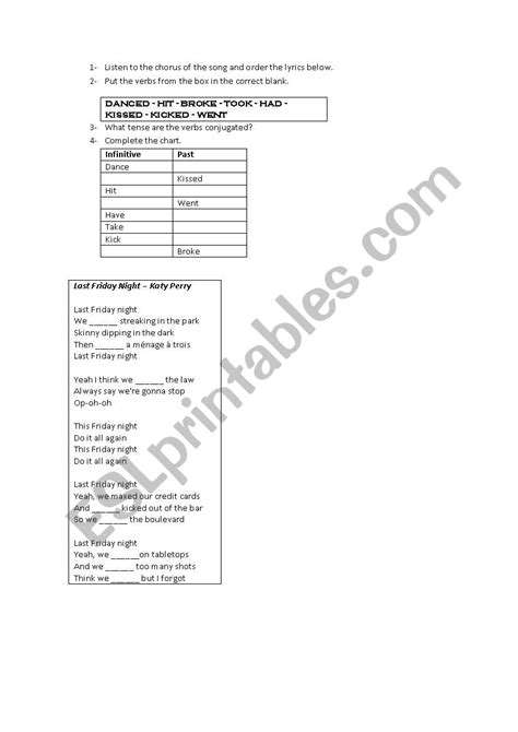 English Worksheets Song Worksheet Last Friday Night Katy Perry