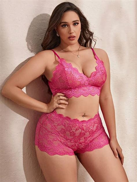 Plus Floral Lace Scallop Trim Lingerie Set SHEIN USA