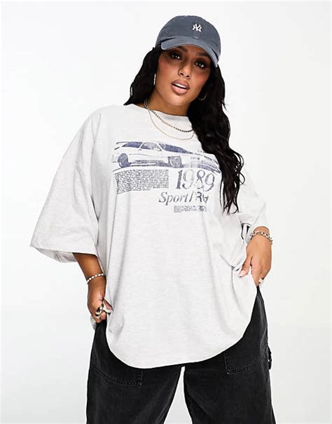 Asos Design Curve Oversized T Shirt With Motorcross Graphic In Ice Marl