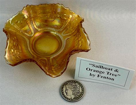 Lot Antique Fenton Carnival Glass Sailboat And Orange Tree Marigold Ruffled Bowl 625 Diameter