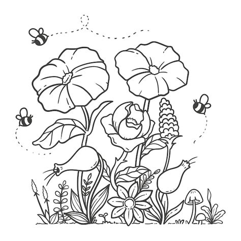 Doodle de flores de jardín de naturaleza para colorear | Vector Premium