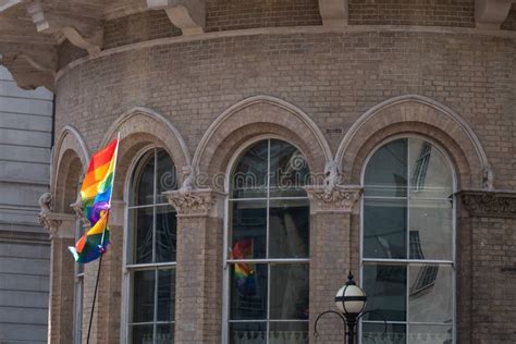 Close Up Of Rainbow Lgbt Flag Flying At The Gay Pride Parade In London Photographed