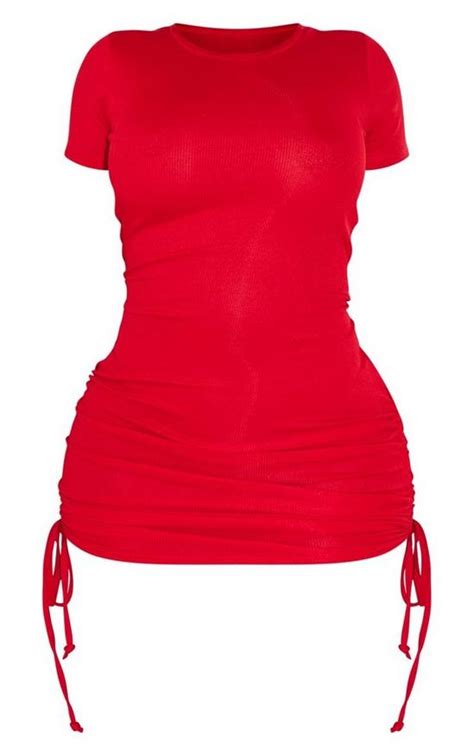 Dresses Shape Red Rib Short Sleeve Ruched Side Bodycon Dress