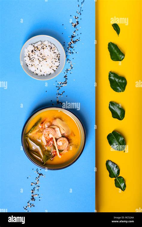 Tom Yum Goong Thai Hot And Spicy Shrimp Soup Seafood Asian Cuisine Top View Copy Space Flat