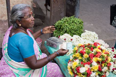 Indian Women Selling Flowers Outside The Temple Of Srirangam In The