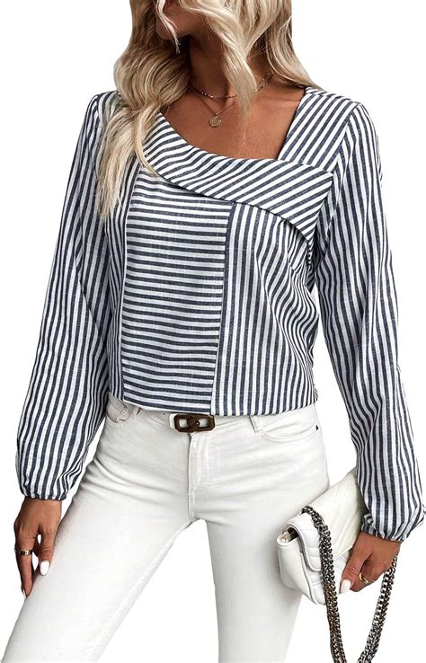 Floerns Women S Asymmetrical Neck Striped Print Long Sleeve Office