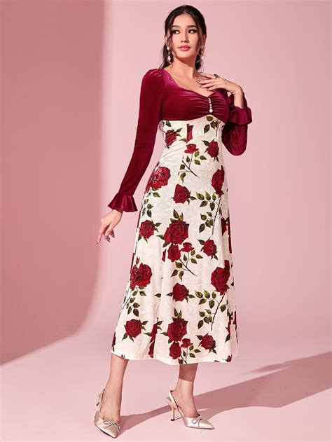 Floral Print Flounce Sleeve Sweetheart Neck Dress