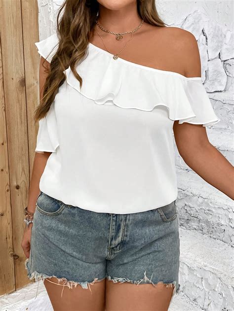 SHEIN VCAY Plus Asymmetrical Neck Ruffle Trim Blouse SHEIN USA