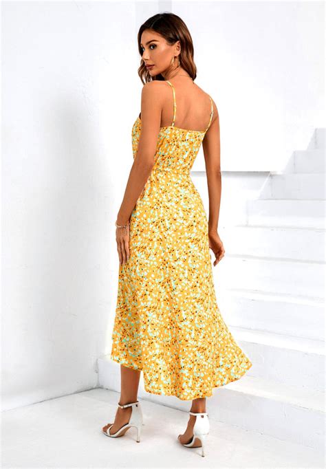 Abstract Dot Print Strappy Cami Midi Dress In Yellow Fs Collection