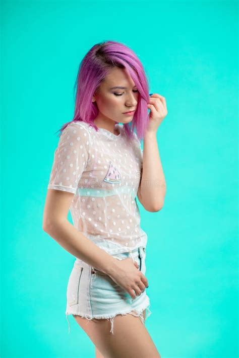 Woman With Violet Hair With Naked Leggs And Bare Feet Stock Photo Image Of Blue Lifestyle