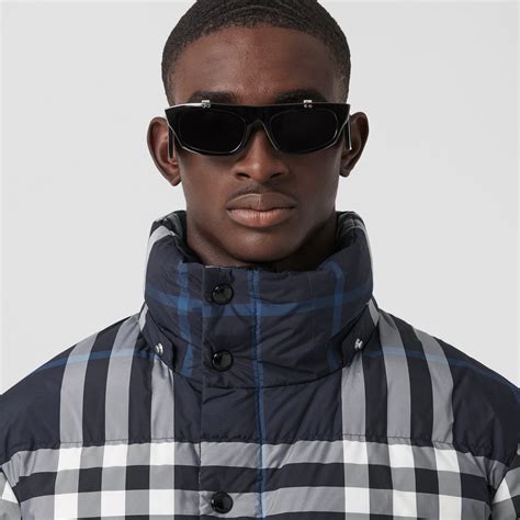 Detachable Hood Night Check Puffer Jacket In Whitedark Charcoal Blue Men Burberry® Official