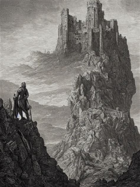 An Engraving Of King Arthur Standing On A Rocky Stable Diffusion