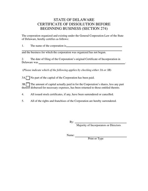 Delaware Certificate Of Dissolution Before Beginning Business Section