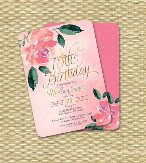 75th Birthday Invitation Adult Birthday Invitation Floral Etsy