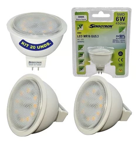 Kit 20 Lâmpadas Led 6w Smd Dicroica Mr16 Ac 12v Gu5 3 3000k