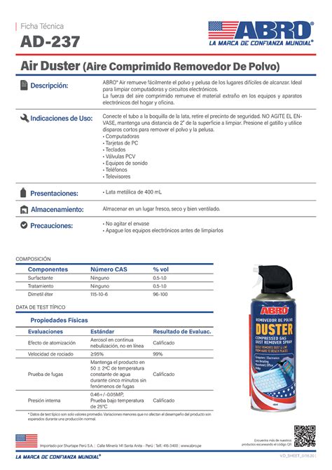 Abro Air Duster Aire Comprimido Removedor De Polvo Ad Ficha